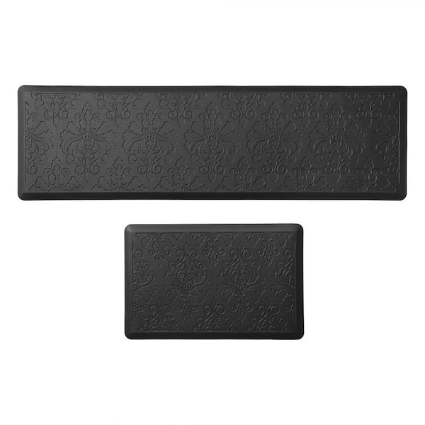 Marni Black 17.5 in. x 60 in. Floral Synthetic 2-Piece Kitchen Mat Set