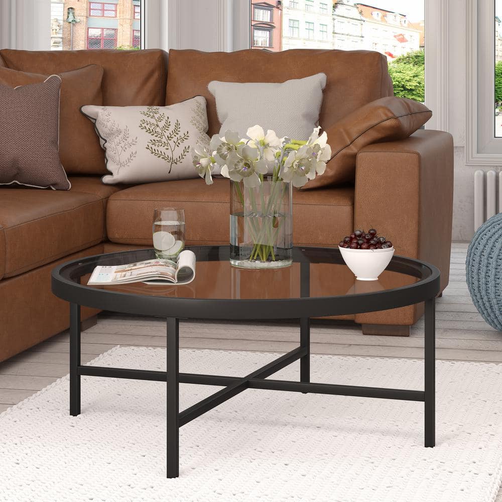 Elegant 36" Round Coffee Table with Blackened Bronze Glass Top