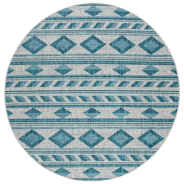 SAFAVIEH Courtyard Gray/Teal 7 ft. x 7 ft. Indoor/Outdoor Round Area Rug