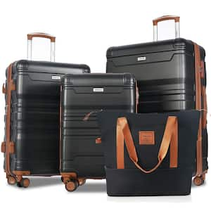 4-Piece Black and Brown Expandable ABS Hardshell Spinner Luggage Set with Travel Bag, TSA Lock