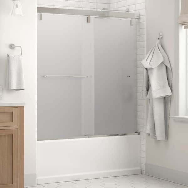 Delta Simplicity Mod 50-1/8 to 58-1/2 in. W x 59- H Soft-Close Frameless Sliding Tub Door, Chrome, Frosted Glass
