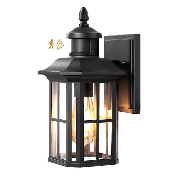 12.8 in. Black Motion Sensing Dusk to Dawn Outdoor Hardwired Wall Light Lantern Scone