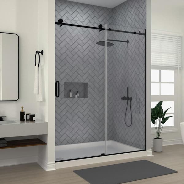 niveal Luxe 60 in. W x 76 in. H Sliding Semi-Frameless Shower Door in Matte Black Finish with Clear Glass