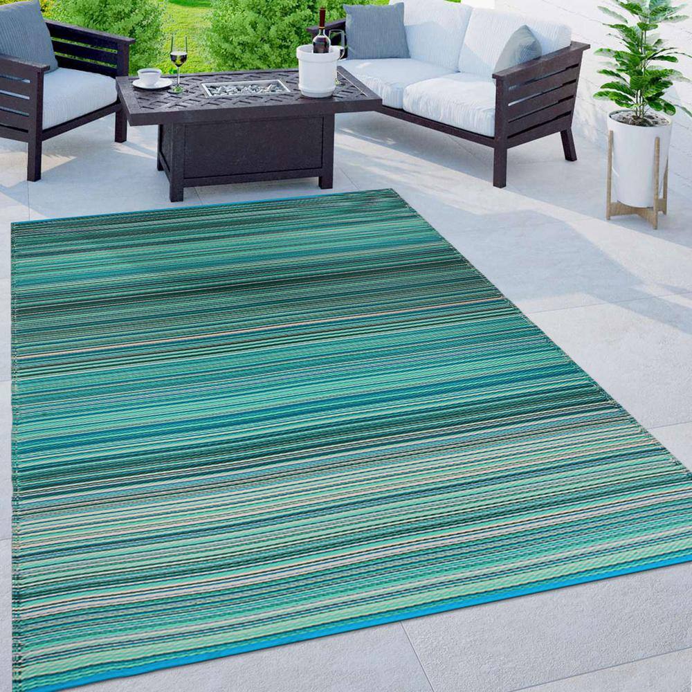 Blue and Green Striped Synthetic Reversible Area Rug 8' x 10'