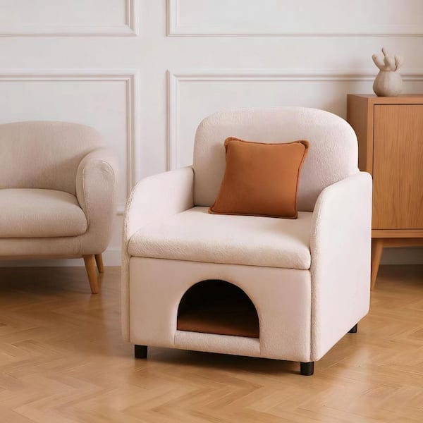 Cream White 2 in 1 Pet Friendly Fluffy Fabric Sherpa Accent Armchair with Lumbar Pillow Upholstered Leisure Armchair