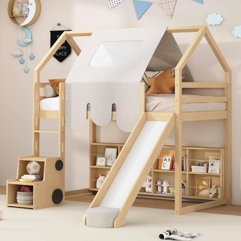 Natural Twin Size Wood Loft Bed with a Tent