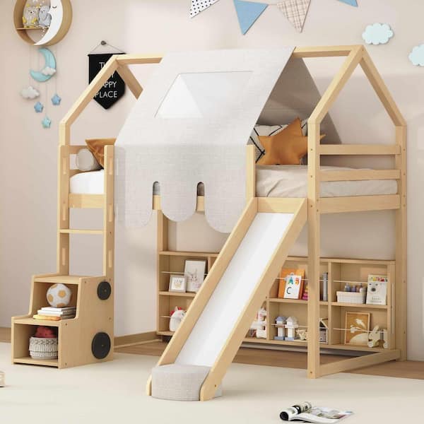 Natural Twin Size Wood Loft Bed with a Tent