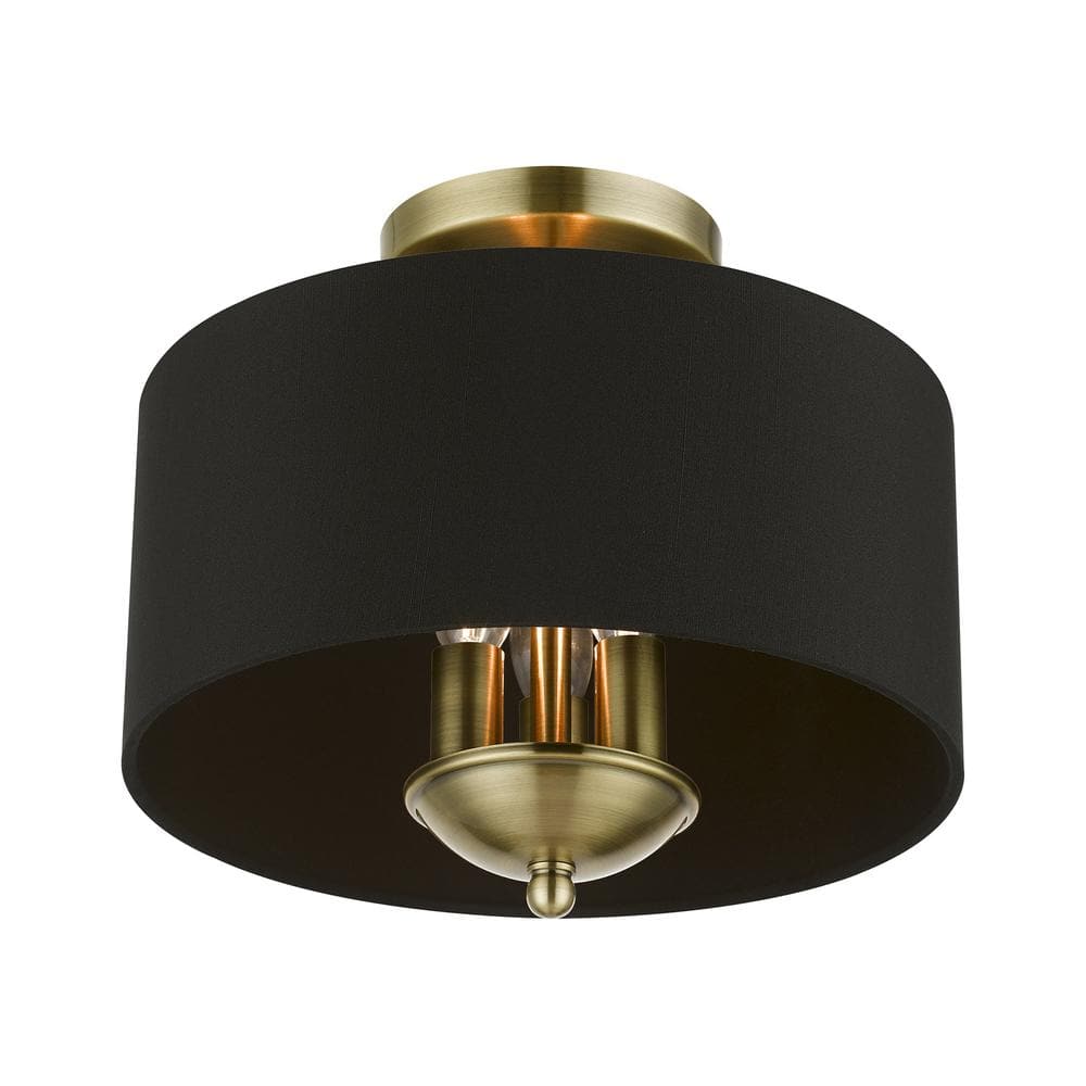 Antique Brass 3-Light Transitional Semi-Flush Mount with Black Fabric Shade