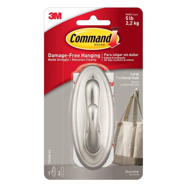 5 lb. Large Brushed Nickel Traditional Hook (1 Hook, 2 Strips)