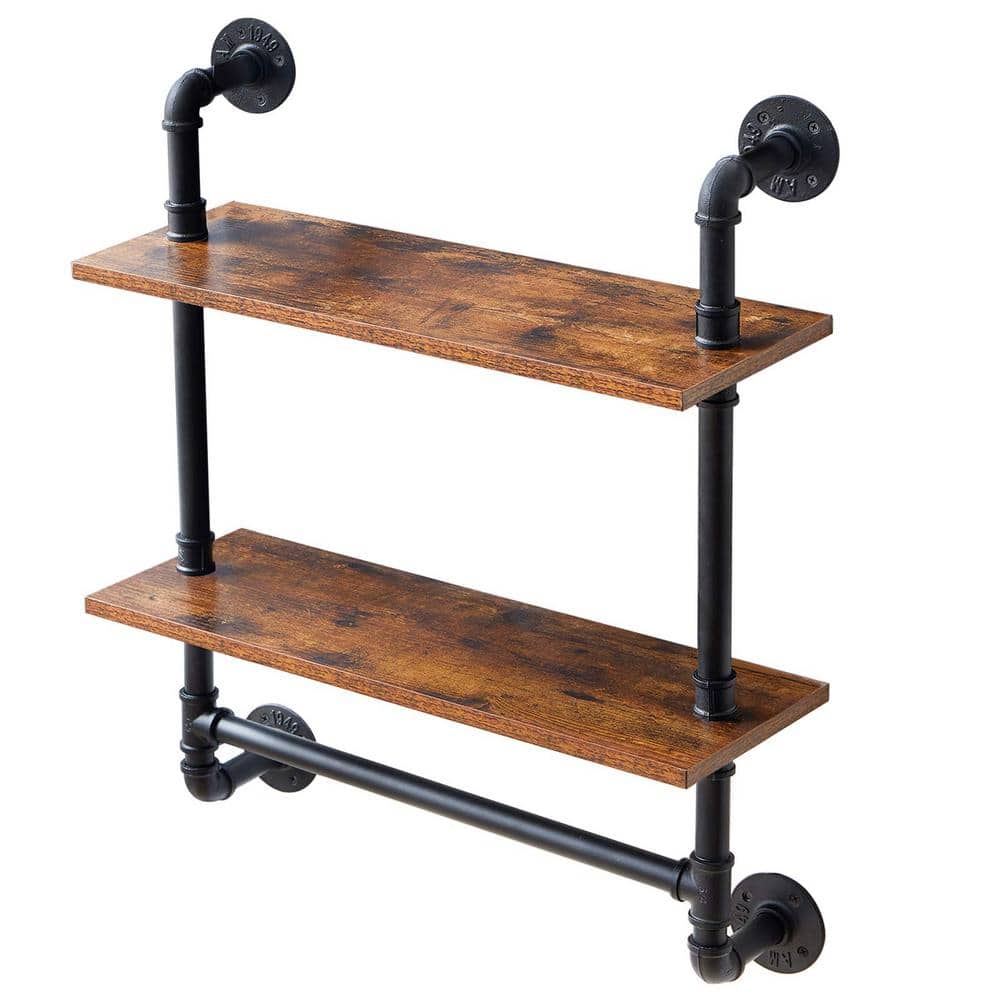 23.6 in. W x 7.8 in. D Rustic Brown Industrial Pipe Shelf with Towel Bar, 2
