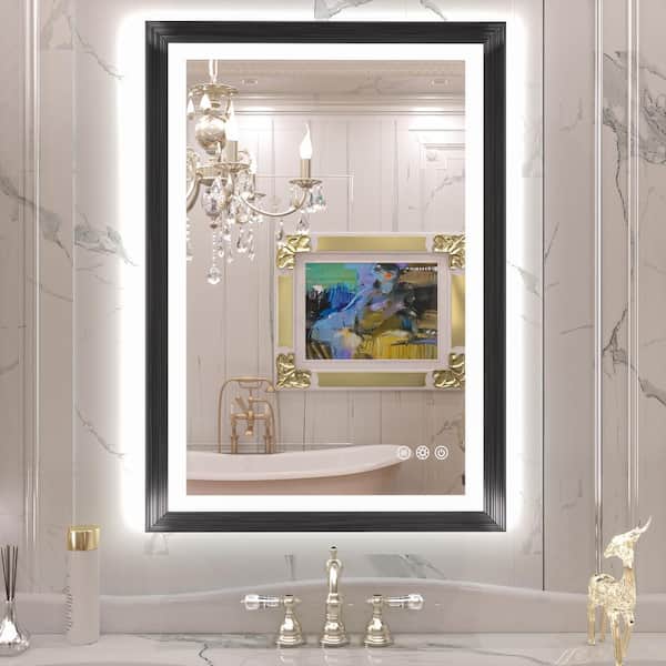 22 in. W x 27 in. H Rectangular Metal Framed Wall Bathroom Vanity Mirror in Black with Shelf
