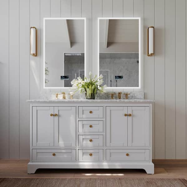 Ancerre Designs Audrey 66 in. W x 22 in. D x 34.3 in. H Double Sink Bath Vanity in White with Gold with Italian Carrara White Marble Top