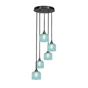 Villa 15.25 in. 5-Light Matte Black Cluster Pendant Light with 6 in. Turquoise Textured Glass Shades, no bulbs included