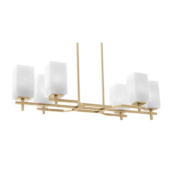 Unbranded Bridgewater 6-Light New Age Brass Linear Chandelier, Any Room with 3.5 in. White Marble Glass Shades, No Bulbs Included