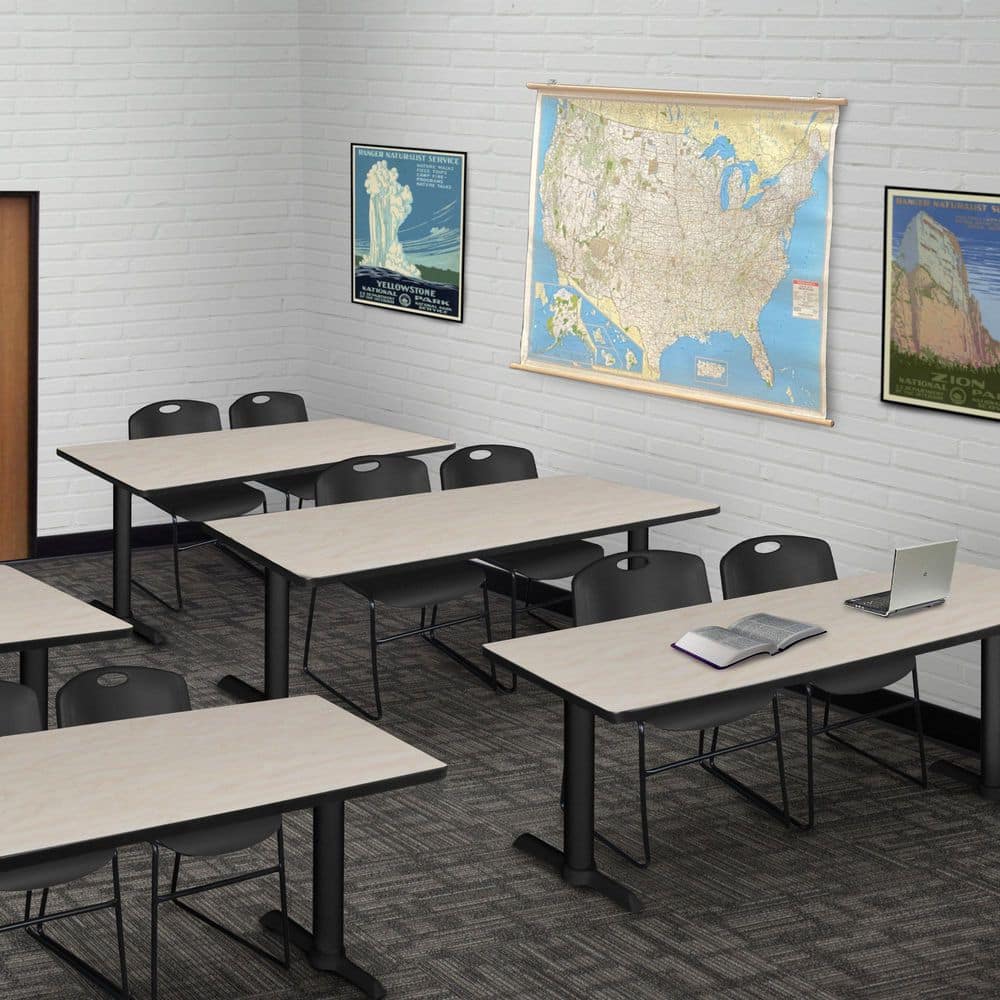 Cain 66 in x 24 in. Maple T-Base Training Seminar Table Desk and 2 Zeng Stack Chairs-Black