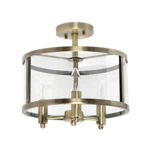 13 in. Antique Brass 3-Light Semi Flushmount Industrial Farmhouse Glass and Metallic Accented