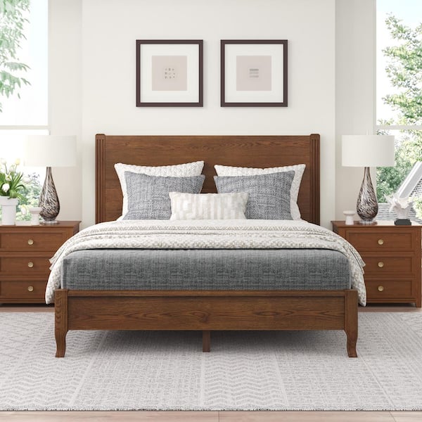 Yolo Brown Walnut Solid Red Oak Wood Frame Queen Size Platform Bed Frame with Headboard Wooden Slat Support