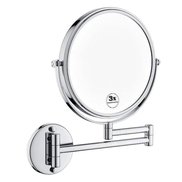 EAKYHOM 13.5 in. x 8 in. Double-Sided Magnifying Retractable Mirror Wall-Mount LED Makeup Bathroom Makeup Mirror in Chrome