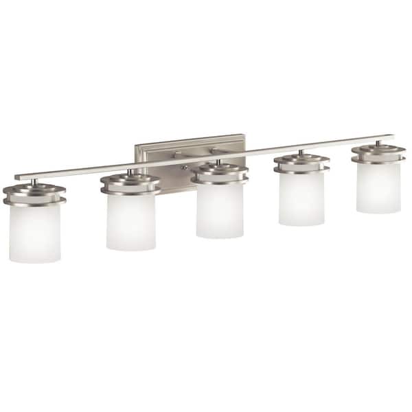 Hendrik 43 in. 5-Light Brushed Nickel Contemporary Bathroom Vanity Light with Etched Glass Shade