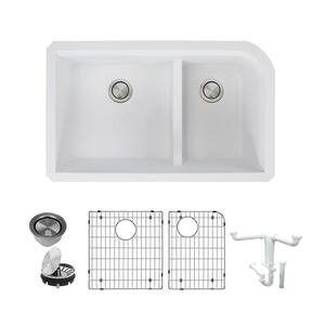 Radius All-in-One Undermount Granite 32 in. 1-3/4 in. J-Shape Double Bowl Kitchen Sink in White