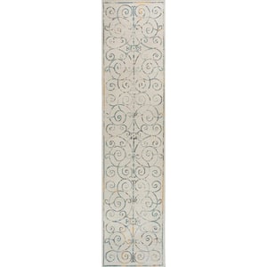 Danae Cottage Filigree Scroll Reversible Machine-Washable Cream/Navy 2 ft. x 8 ft. Indoor/Outdoor Runner Area Rug