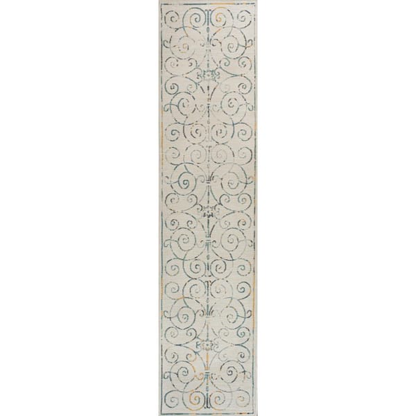 Danae Cottage Filigree Scroll Reversible Machine-Washable Cream/Navy 2 ft. x 8 ft. Indoor/Outdoor Runner Area Rug