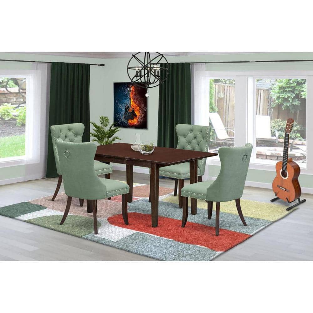 5-Piece Mahogany Finish Solid Wood Top - Rectangular Upholstered Dining Room Set with Butterfly Leaf - Seats 4