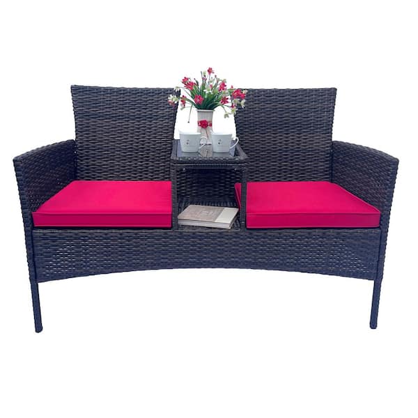 maocao hoom Brown Meal and Wicker Patio Conversation Set with Red Cushion and Table, Tempered Glass Top