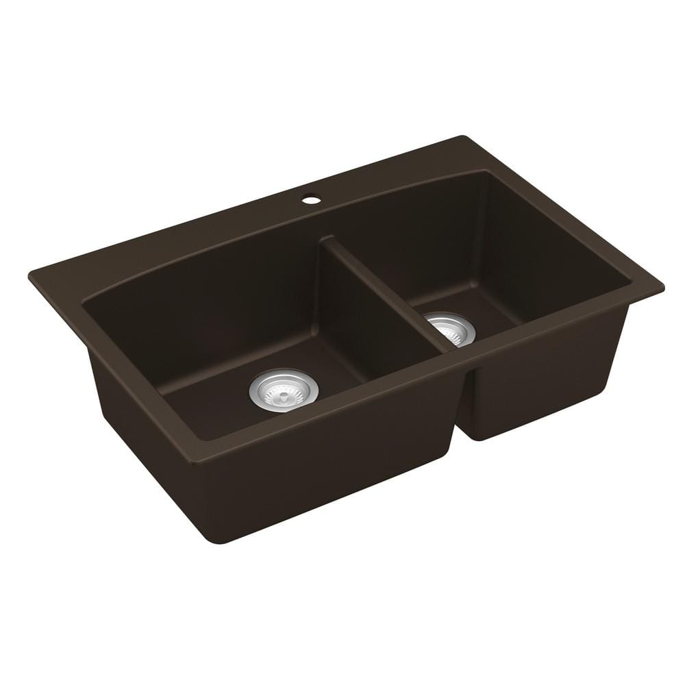 Brown Quartz Double Bowl Kitchen Sink with Rear Drain