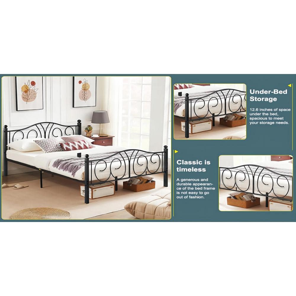 Victorian Black Metal Queen Platform Bed Frame with Headboard and Footboard