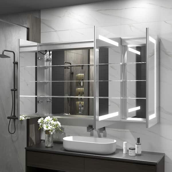 48 in. W x 30 in. H Rectangular LED Lighted Anti-Fog Tempered Glass Aluminum Medicine Cabinet with Mirror In Silver