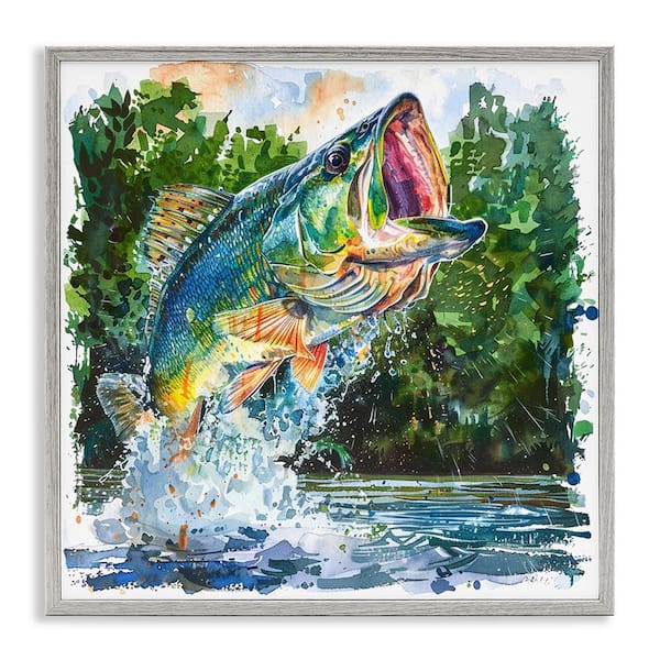 Stupell Industries Splashing Bass Fish by LSR Design Studio Gray Framed Animal Giclee Art Print 12 in. x 12 in.