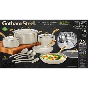 Gotham Steel Natural Collection 15-Piece Aluminum Ultra Performance Ceramic  Nonstick Cookware Set in Cream with Gold Handles 1384 - The Home Depot