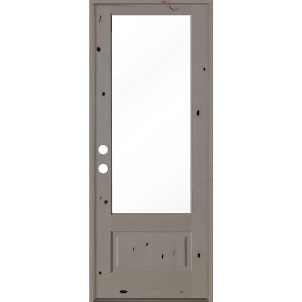 Krosswood Doors 36 in. x 96 in. Modern Farmhouse Knotty Alder Right-Hand/Inswing 3/4 Lite Clear Glass Grey Stain Wood Prehung Front Door