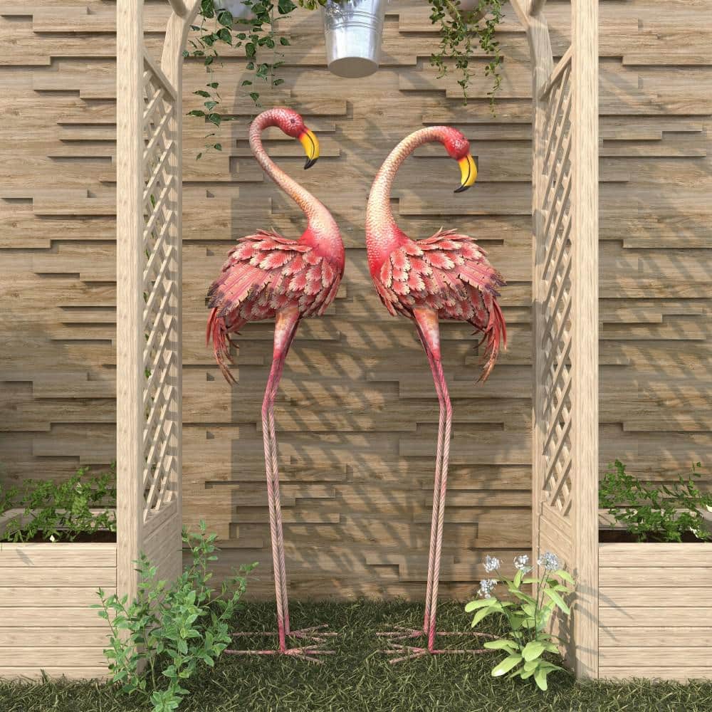 Pink and Yellow Iron Flamingo Garden Sculptures, Set of 2