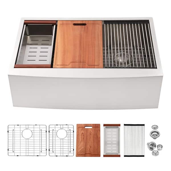 Staykiwi 33 in. Farmhouse/Apron-Front Double Bowl (60/40) 16 Gauge Brushed Nickel Stainless Steel Kitchen Sink with Workstation