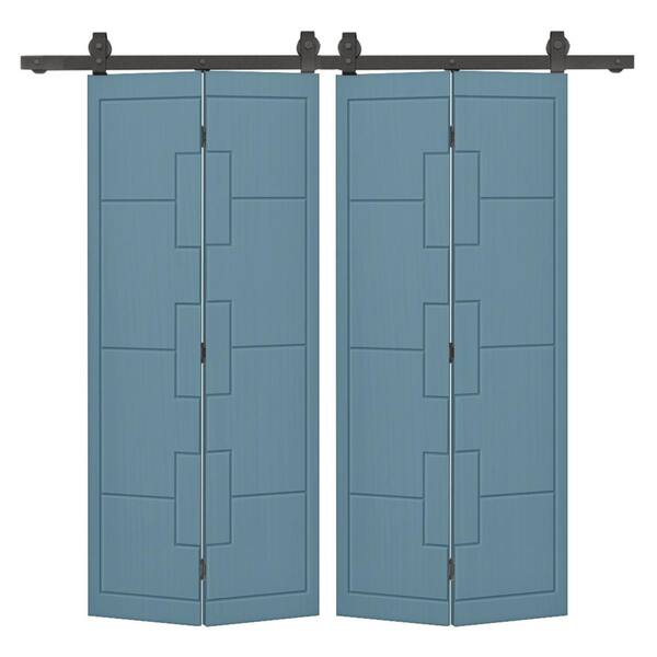 CALHOME 44 in. x 80 in. Dignity Blue Painted MDF Modern Bi-Fold Double Barn Door with Sliding Hardware Kit