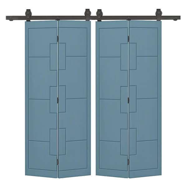 CALHOME 52 in. x 80 in. Dignity Blue Painted MDF Composite Modern Bi-Fold Hollow Core Double Barn Door with Sliding Hardware Kit