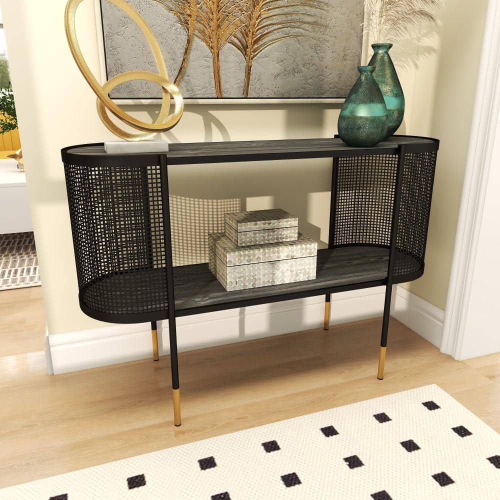 Elegant Black Metal Console Table with Storage Shelf