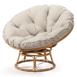 All-Weather Swivel Wicker Outdoor Patio Papasan Lounge Chair with Beige Cushion