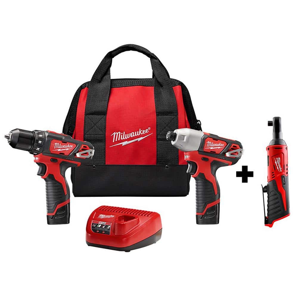 Milwaukee M12 12V Lithium-Ion Cordless Drill Driver, Impact Driver, and Ratchet Combo Kit (3-Tool)