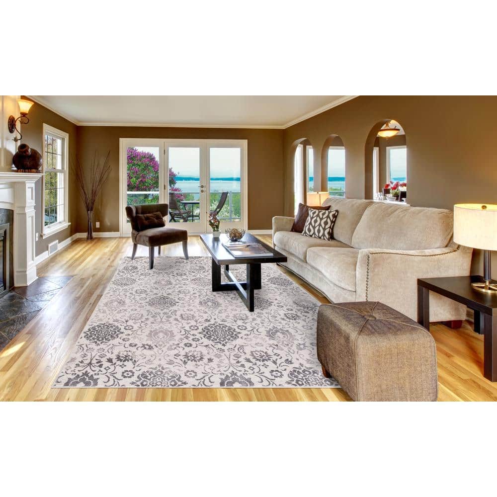 Ivory and Gray Damask Pattern Medium Pile Area Rug