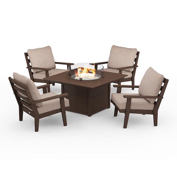 POLYWOOD Grant Park Black 5-Piece Deep Seating Fire Pit Patio Set with Wheat Cushions