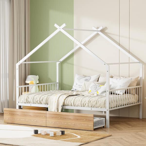 Harper & Bright Designs White Full Size Metal House Bed Platform Bed with 2-Drawers