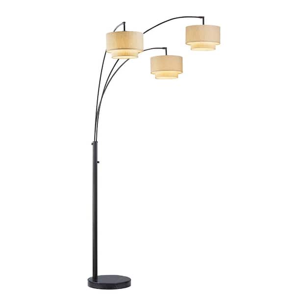 ARTIVA Lumiere III 83 in. Double Tan Shade LED Arched Floor Lamp with Black Marble Base and Dimmer, Dark Bronze