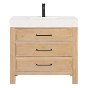 León 36 in.W x 22 in.D x 34 in.H Single Sink Bath Vanity in Fir Wood Brown with White Composite Stone Top