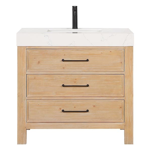 León 36 in.W x 22 in.D x 34 in.H Single Sink Bath Vanity in Fir Wood Brown with White Composite Stone Top