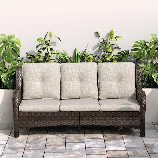 JOYSIDE 3-Seat Brown Wicker Outdoor Couch Patio Sectional Sofa with Deep Seating and Beige Cushions