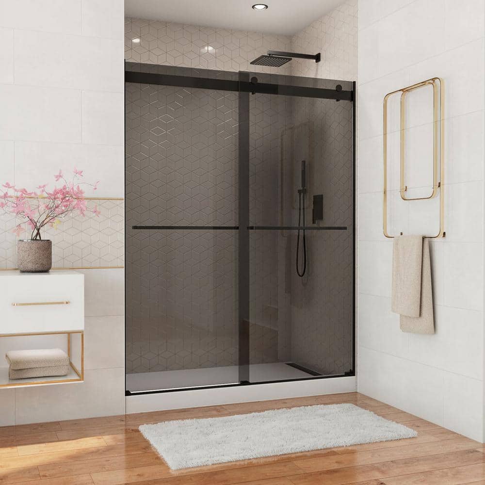 Essence 56-60" Frameless Matte Black Sliding Shower Door with Smoke Gray Glass