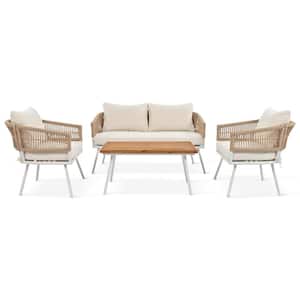 4-Piece Boho Metal Patio Conversation with Beige Cushions, Acacia Wood Table